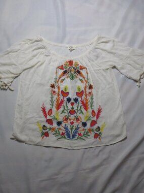 UMGEE womens BLOUSE cream BOHO floral EMBROIDERED tassel SHIRT top SIZE L